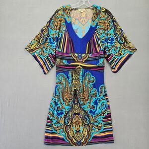 One World Dress Blue Boho Floral Midi Stretch V-Neck Short Sleeves Womens Size L